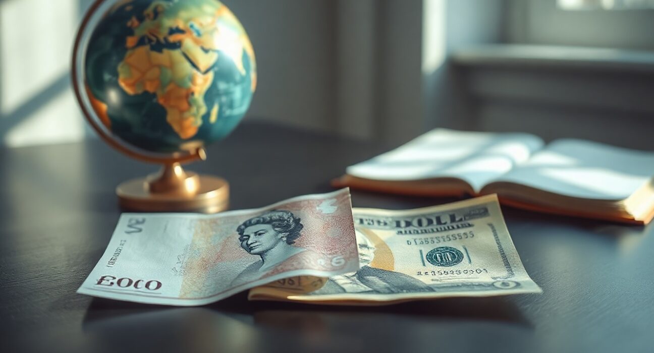 British Pound and US Dollar banknotes on a desk with a globe in the background, representing forex market movements.