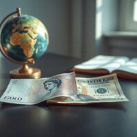 British Pound and US Dollar banknotes on a desk with a globe in the background, representing forex market movements.