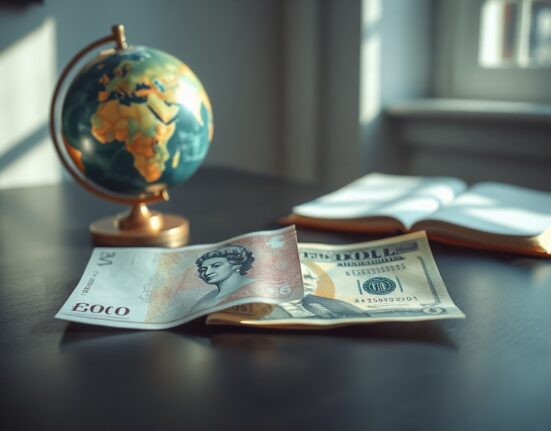 British Pound and US Dollar banknotes on a desk with a globe in the background, representing forex market movements.