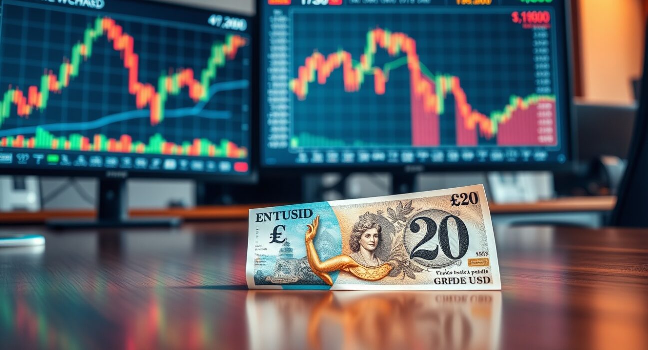 British Pound banknote on desk with trading monitors showing currency and oil price charts