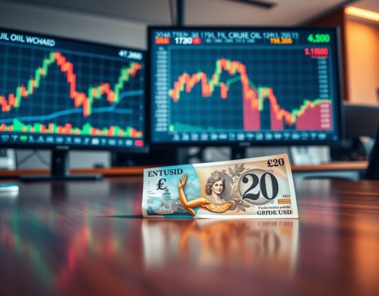 British Pound banknote on desk with trading monitors showing currency and oil price charts