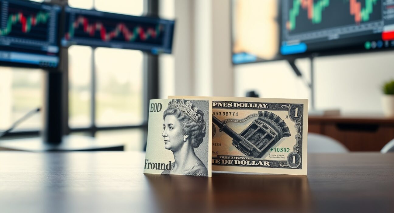 British Pound and US Dollar banknotes on a desk with financial charts in background
