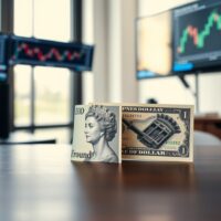British Pound and US Dollar banknotes on a desk with financial charts in background