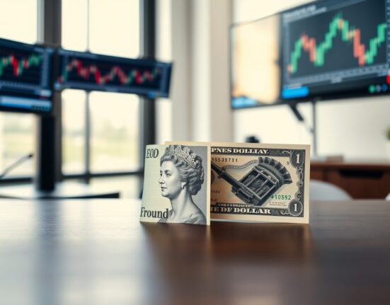 British Pound and US Dollar banknotes on a desk with financial charts in background