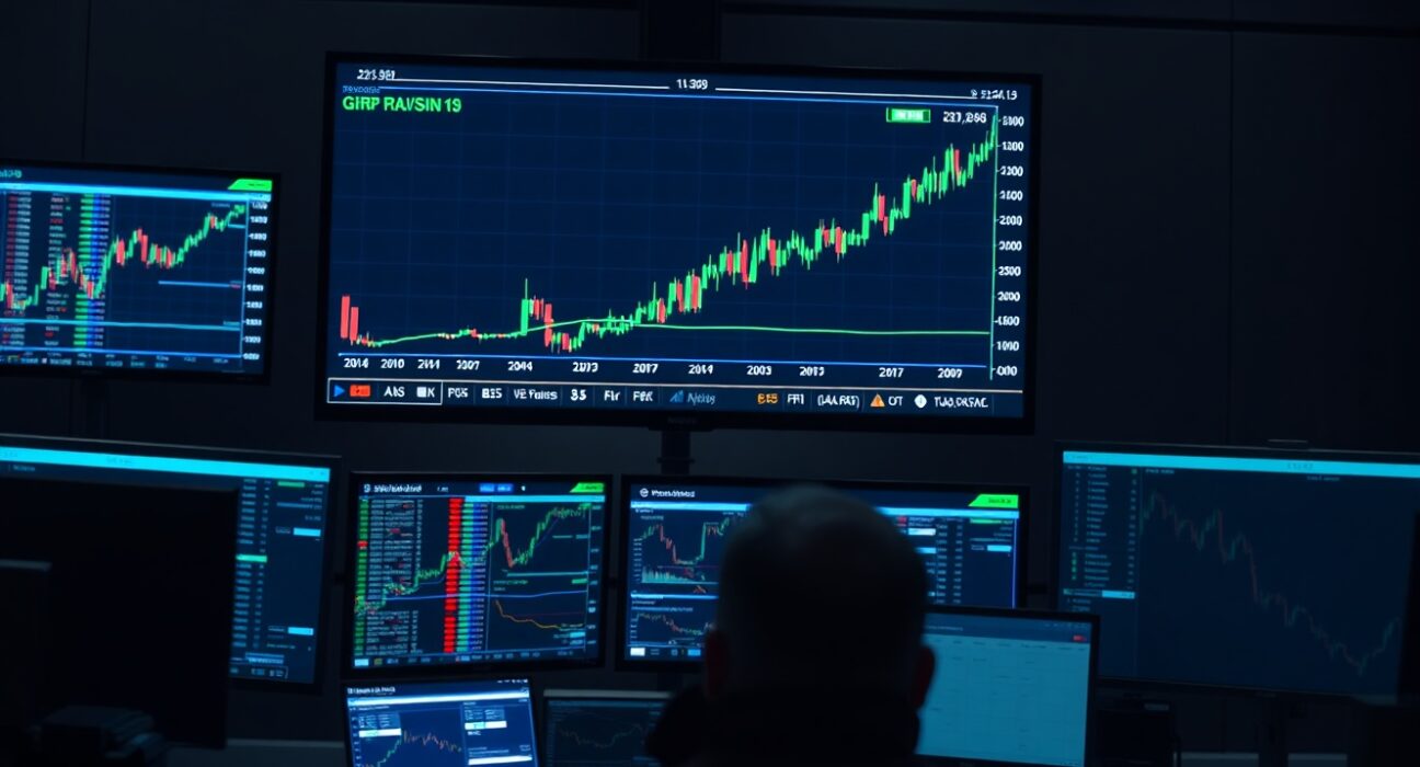 Financial trading desk monitors showing GBP/USD chart rallying after weak US jobs report