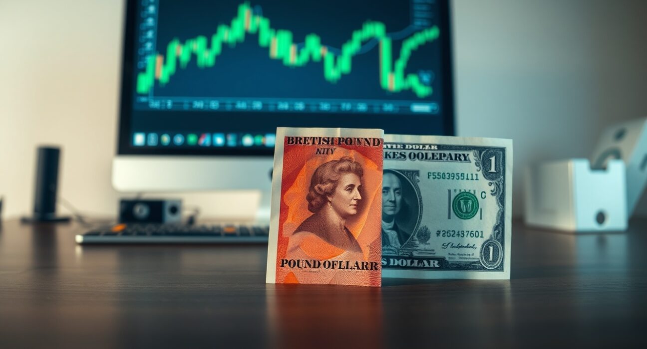British Pound and US Dollar banknotes on a desk with a financial chart in the background, representing forex trading analysis.