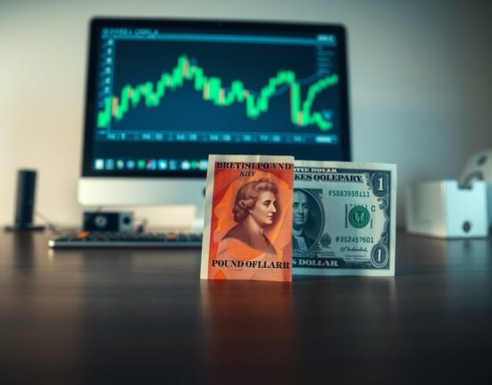 British Pound and US Dollar banknotes on a desk with a financial chart in the background, representing forex trading analysis.