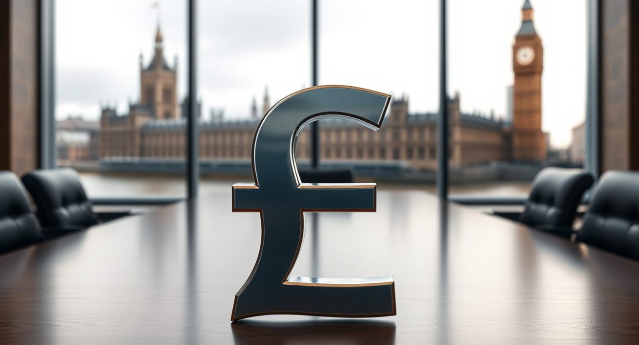 British Pound Sterling symbol in focus with blurred Westminster background