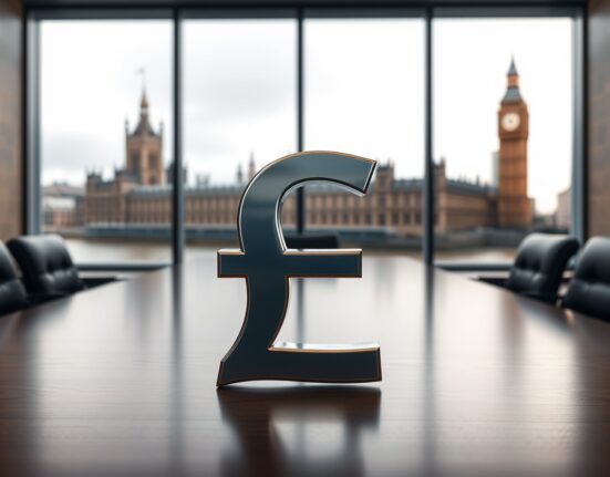 British Pound Sterling symbol in focus with blurred Westminster background