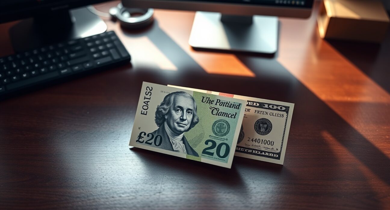 British pound and US dollar banknotes on a desk with a financial chart in the background