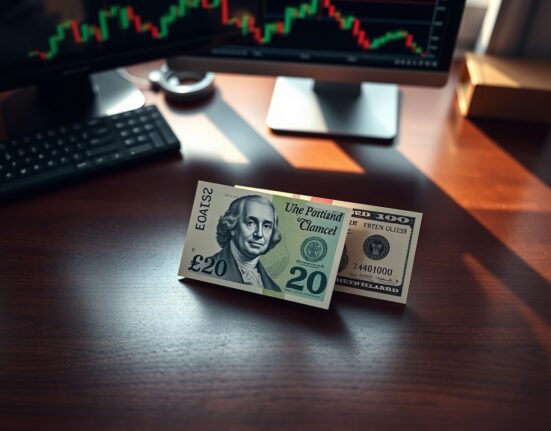 British pound and US dollar banknotes on a desk with a financial chart in the background