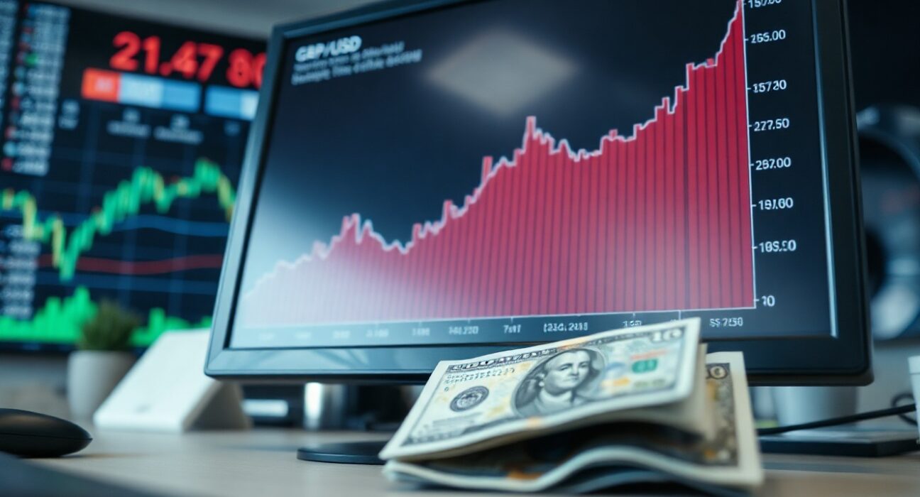 GBP/USD exchange rate chart on a monitor with British pound and US dollar banknotes on a desk.