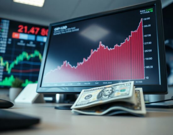 GBP/USD exchange rate chart on a monitor with British pound and US dollar banknotes on a desk.
