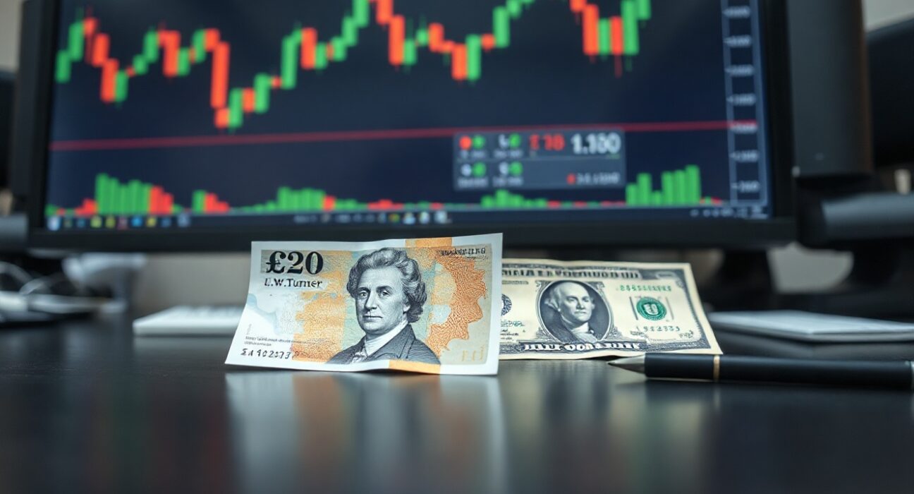 British pound and US dollar banknotes on a desk with financial charts in the background