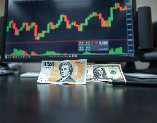 British pound and US dollar banknotes on a desk with financial charts in the background