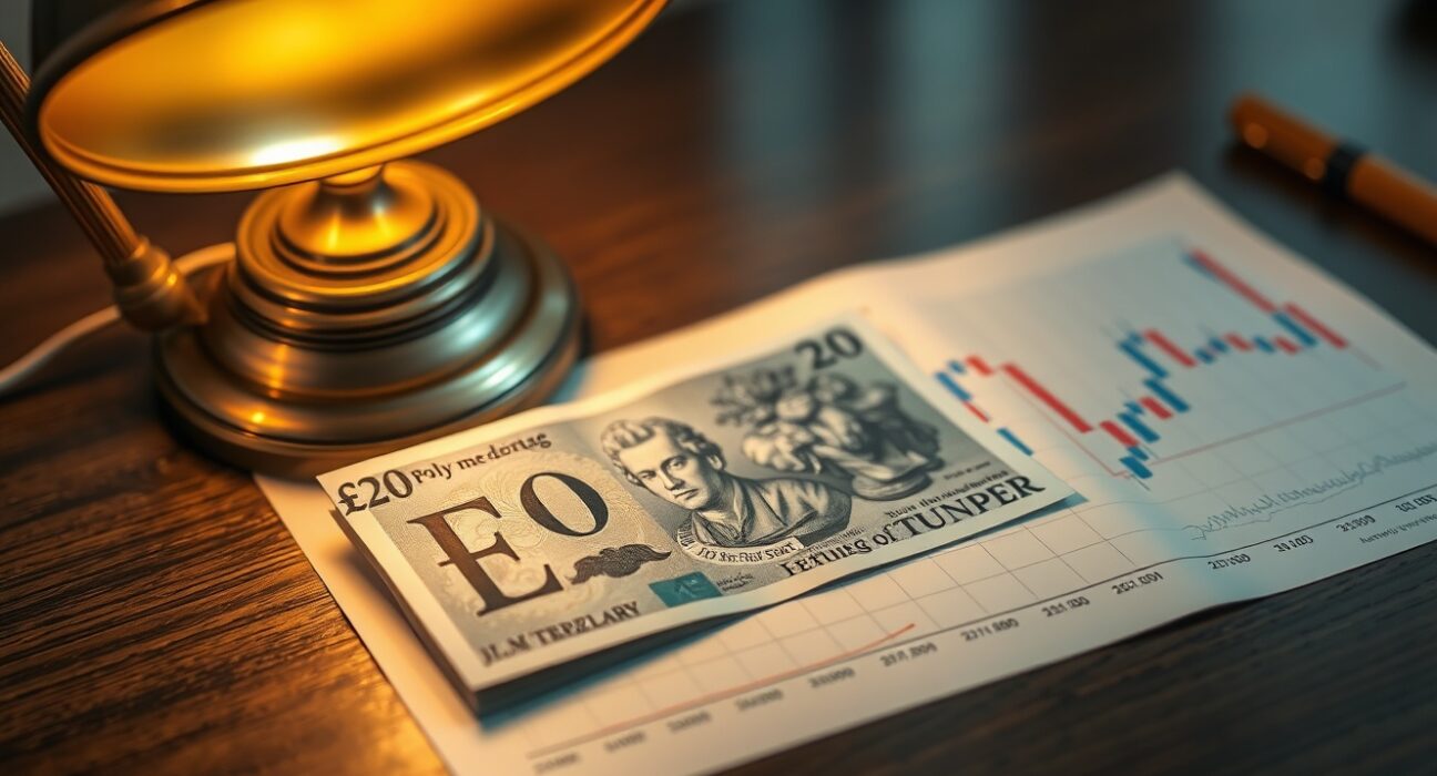 British pound banknote on a trading desk with a financial chart in the background
