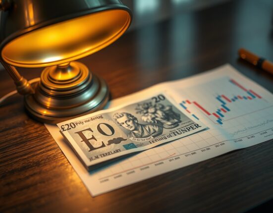 British pound banknote on a trading desk with a financial chart in the background