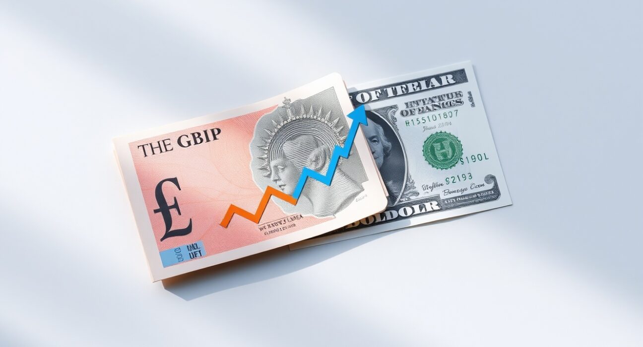 British Pound and US Dollar banknotes on a neutral surface with range trade graph lines