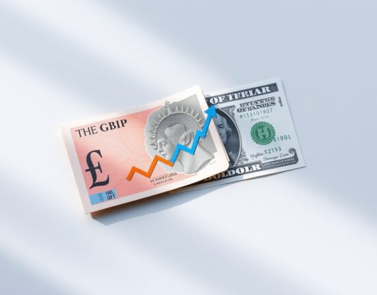 British Pound and US Dollar banknotes on a neutral surface with range trade graph lines