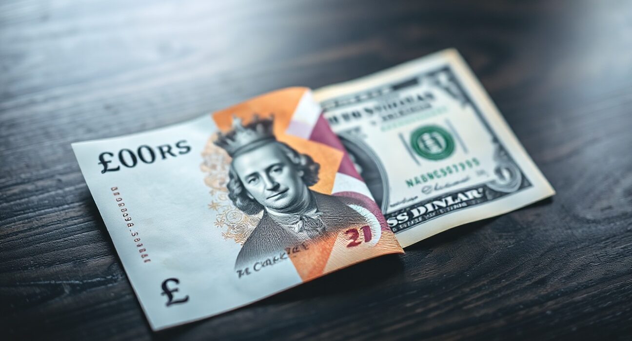 British Pound and US Dollar banknotes on a desk, representing GBP/USD forex trading analysis by UOB.