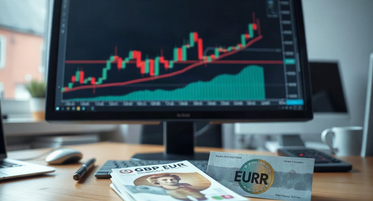 British pound and euro banknotes with a GBP/EUR chart on a monitor