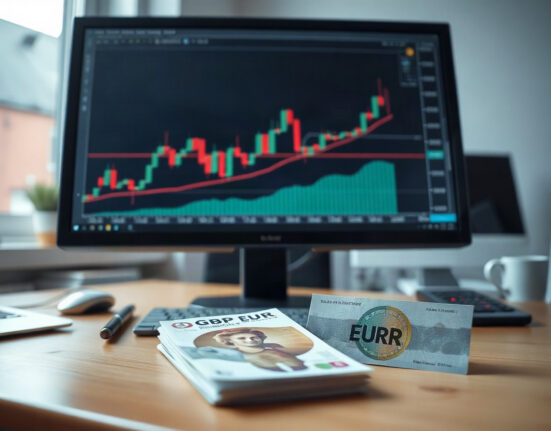 British pound and euro banknotes with a GBP/EUR chart on a monitor