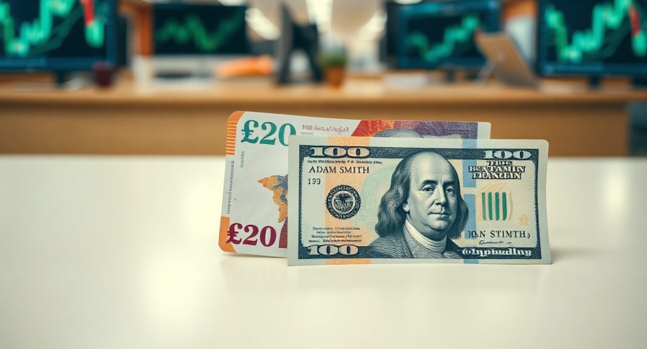 British Pound and US Dollar banknotes on a desk with a blurred financial background
