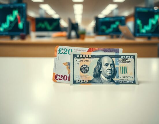 British Pound and US Dollar banknotes on a desk with a blurred financial background