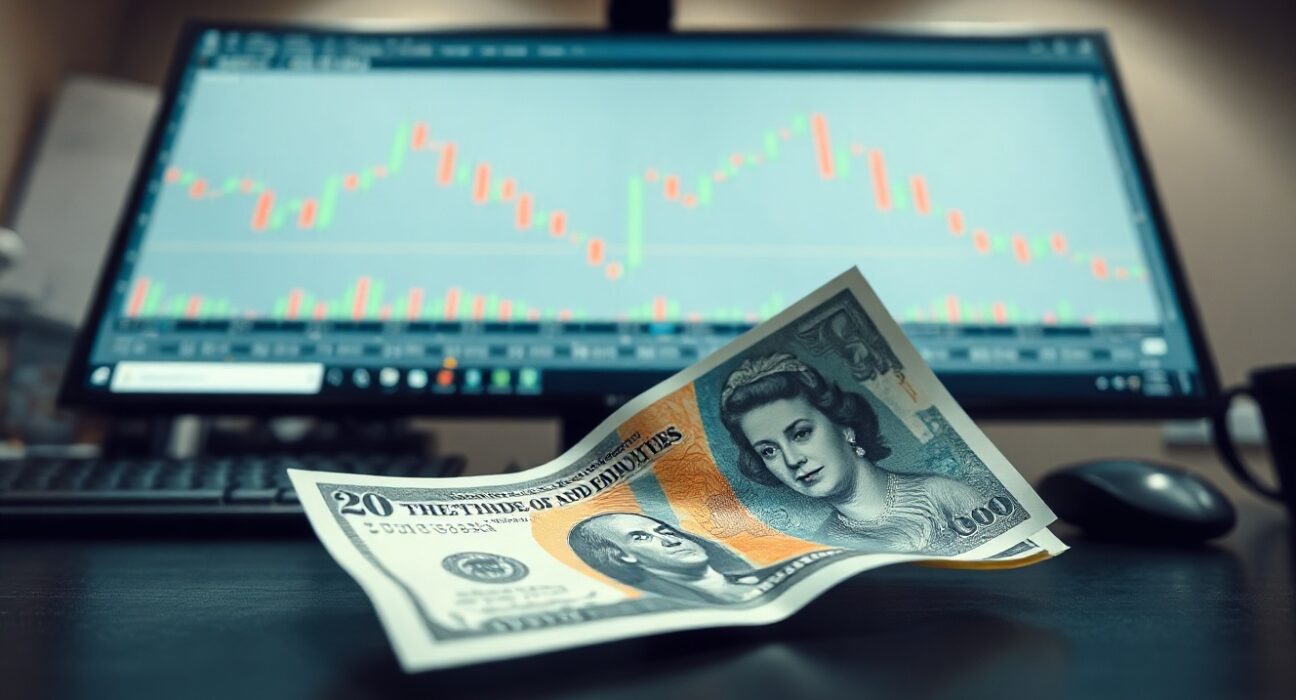 British Pound and US Dollar banknotes on desk with forex chart in background