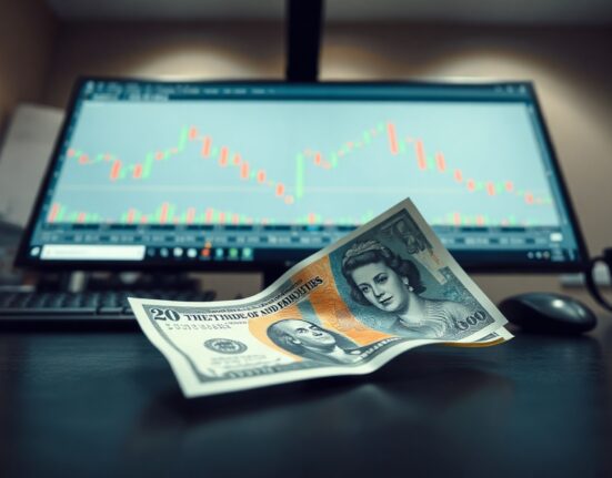 British Pound and US Dollar banknotes on desk with forex chart in background