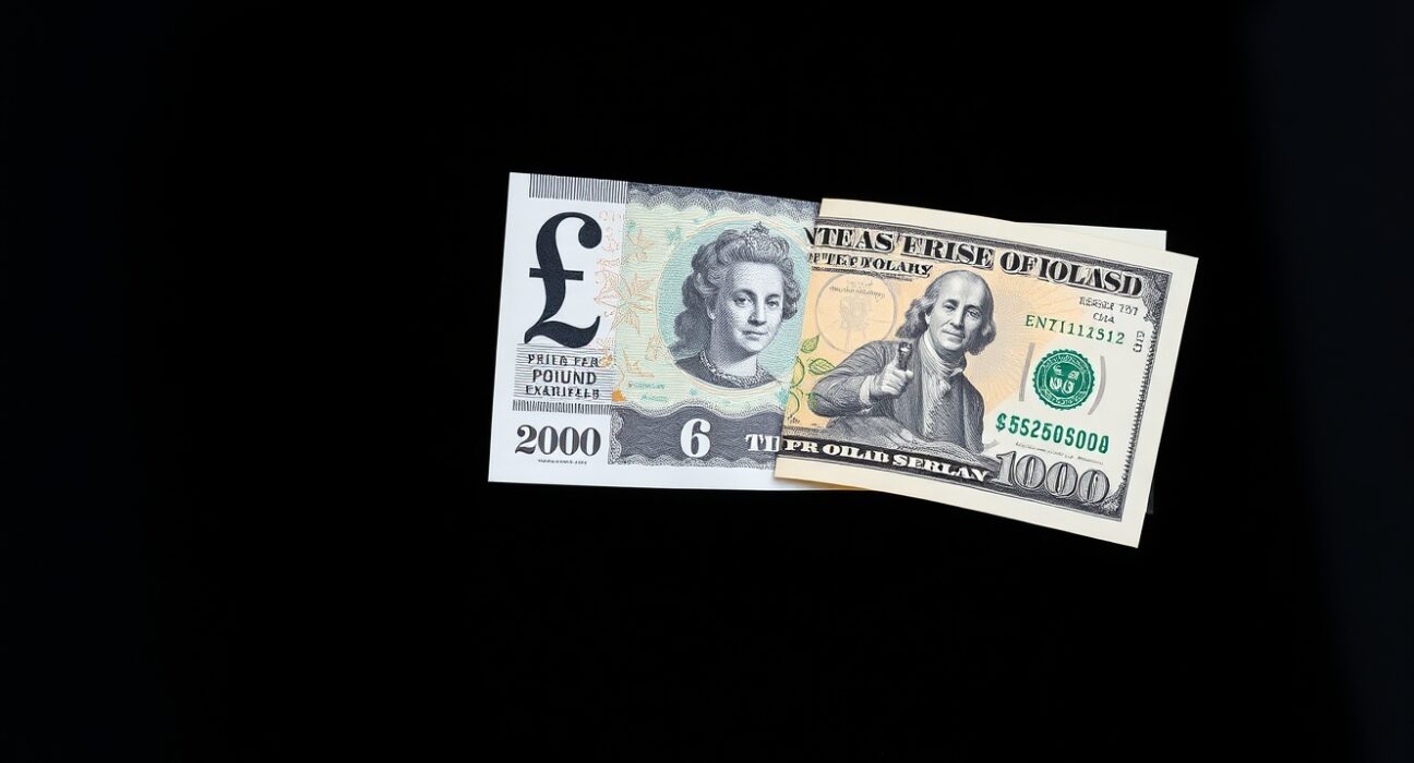 British Pound and US Dollar banknotes on a reflective surface, representing currency market analysis and GBP/USD exchange rate.