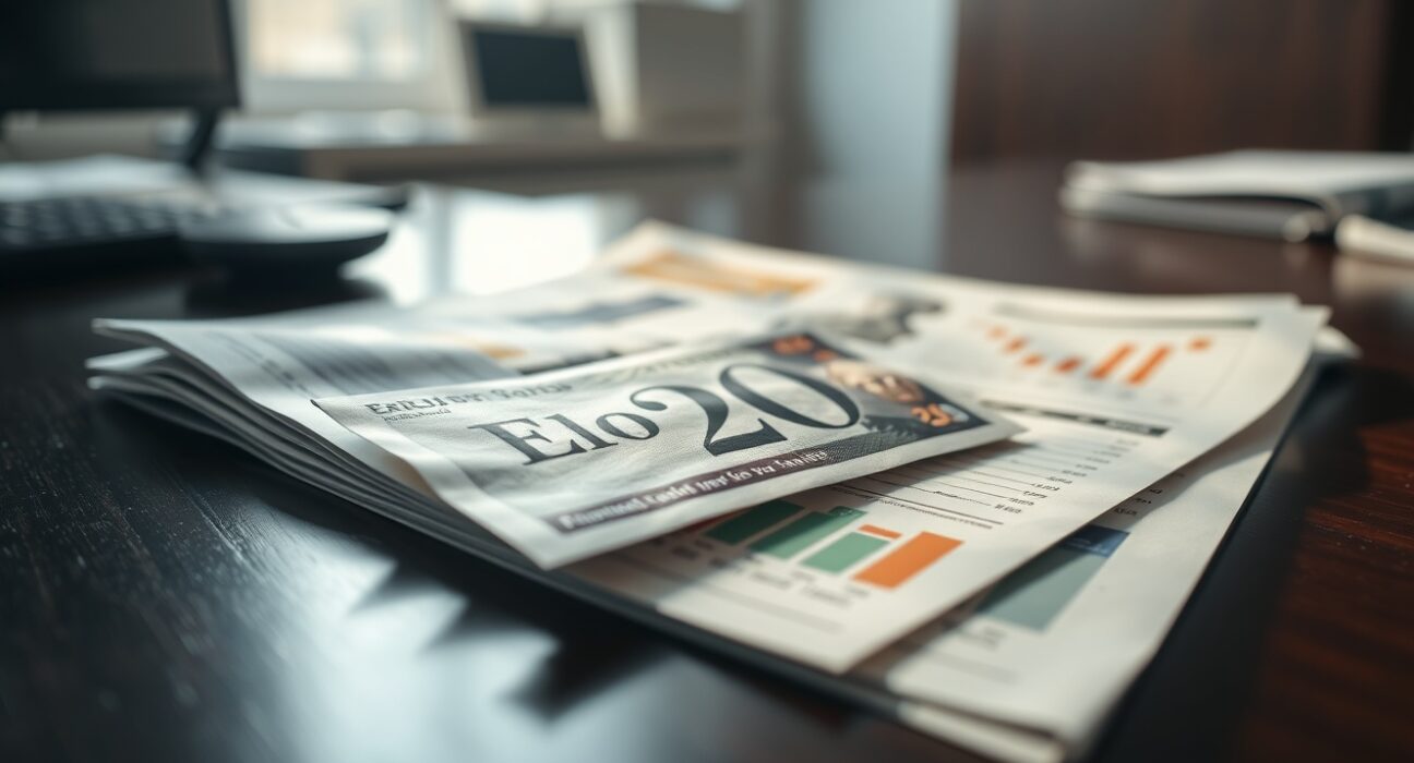 British pound banknote and financial charts on a desk representing economic uncertainty and monetary policy challenges.