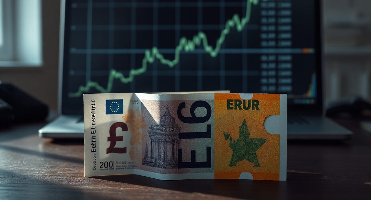 British Pound and Euro banknotes on a desk with a digital chart overlay symbolizing currency analysis