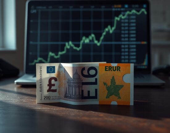 British Pound and Euro banknotes on a desk with a digital chart overlay symbolizing currency analysis