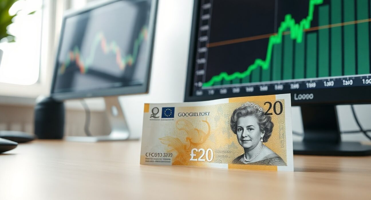 British pound banknote on desk with financial chart showing upward trend in background