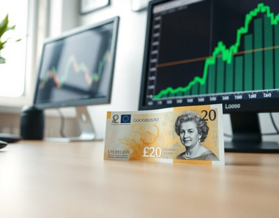 British pound banknote on desk with financial chart showing upward trend in background