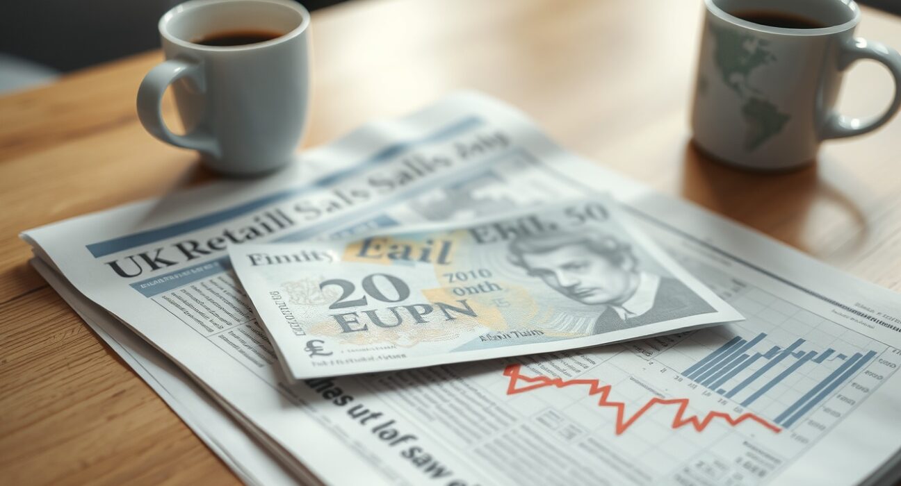 Close-up of a British Pound banknote on a financial newspaper with UK Retail Sales headline