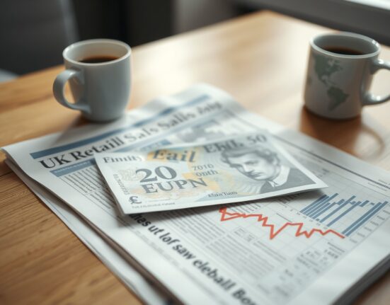 Close-up of a British Pound banknote on a financial newspaper with UK Retail Sales headline