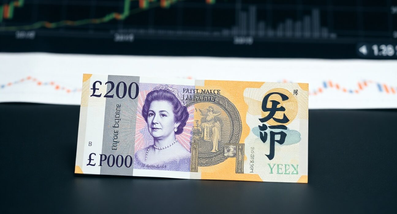 British Pound and Japanese Yen banknotes on a desk, representing forex market analysis.
