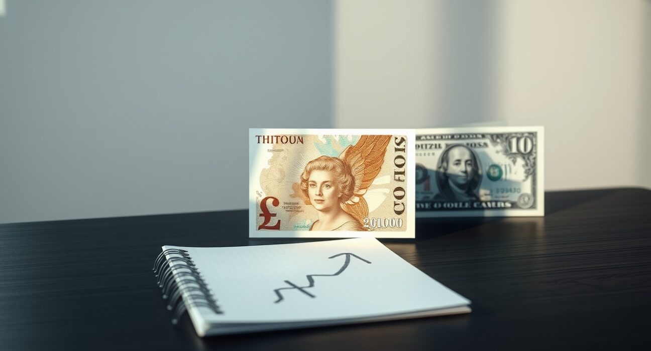 British Pound and US Dollar banknotes on a desk with a chart showing an upward trend.