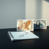 British Pound and US Dollar banknotes on a desk with a chart showing an upward trend.