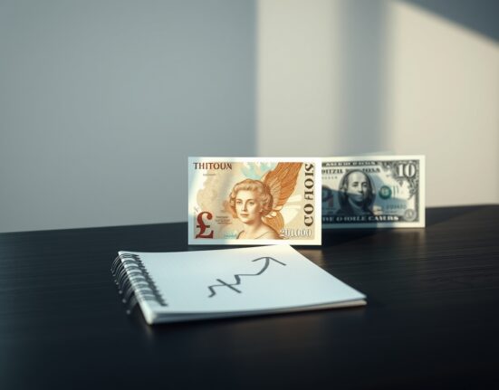 British Pound and US Dollar banknotes on a desk with a chart showing an upward trend.