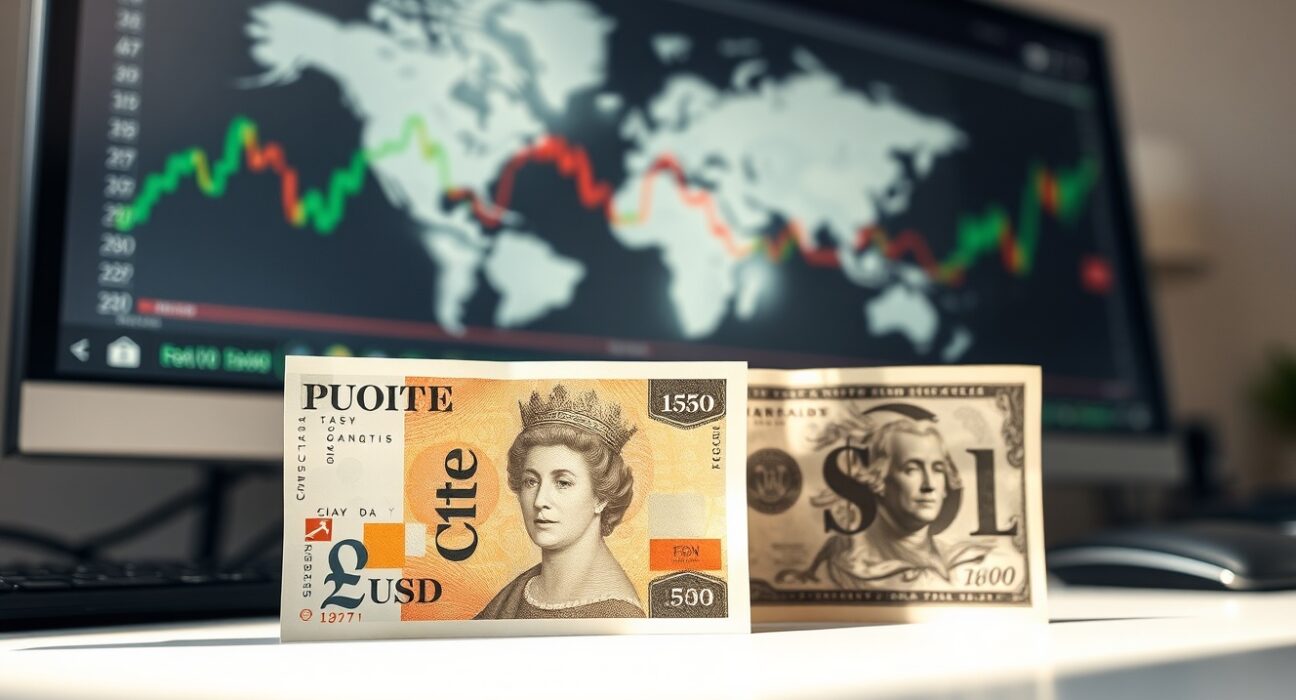 British Pound and US Dollar banknotes on desk with blurred financial charts in background