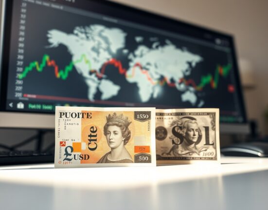 British Pound and US Dollar banknotes on desk with blurred financial charts in background