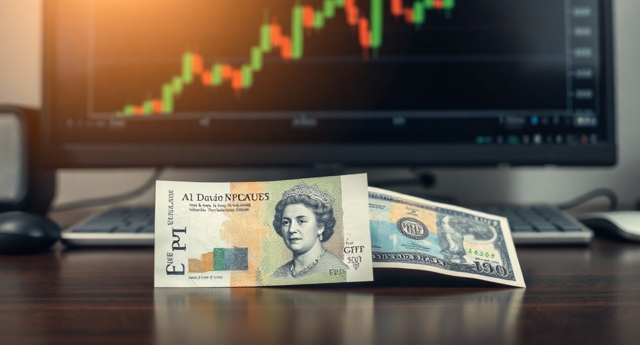 British Pound and US dollar banknotes on a trading desk with a forex chart in the background.