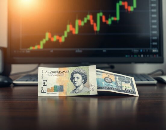 British Pound and US dollar banknotes on a trading desk with a forex chart in the background.