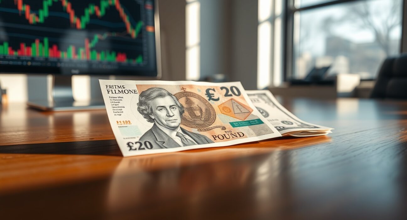 British Pound Sterling and US Dollar banknotes on a desk with a chart background