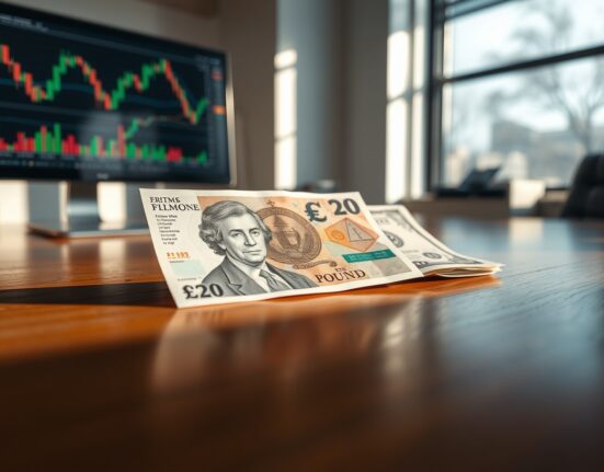 British Pound Sterling and US Dollar banknotes on a desk with a chart background