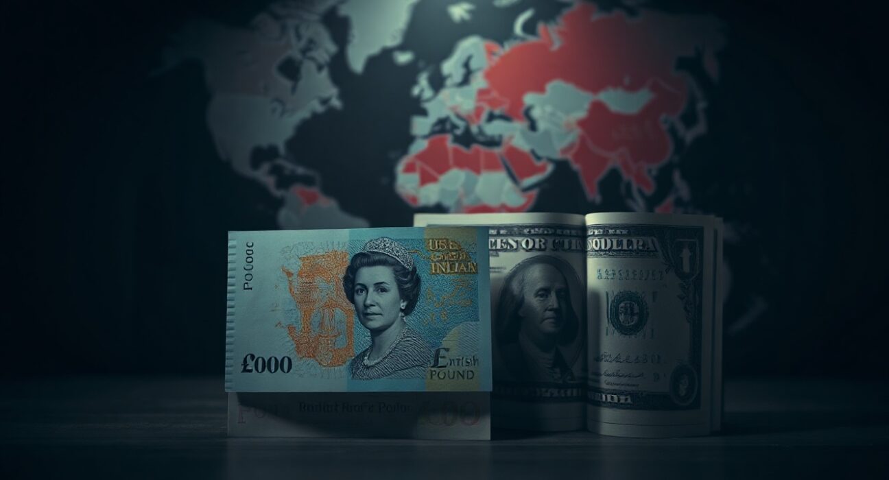 British Pound and US Dollar banknotes on a dark surface with a world map background highlighting Iran