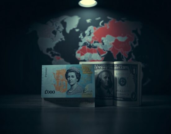 British Pound and US Dollar banknotes on a dark surface with a world map background highlighting Iran